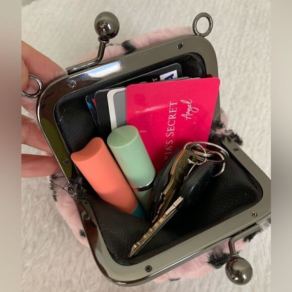 Pink Real Shearling Handmade Kisslock Mini Clutch, Coin Pouch, Crossbody - Picture 9 of 11